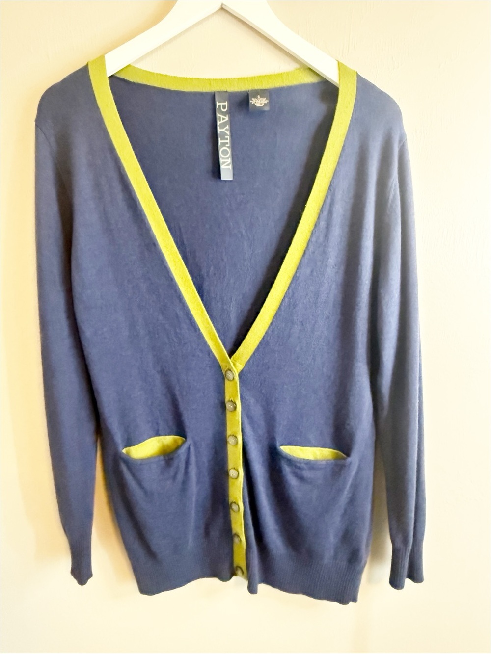 PAYTON Women’s Blue V-Neck Grandpa Cardigan Green Piping Details Pockets Size S